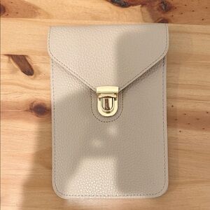 Beige Leather Pouch with Gold Clasp & Strap